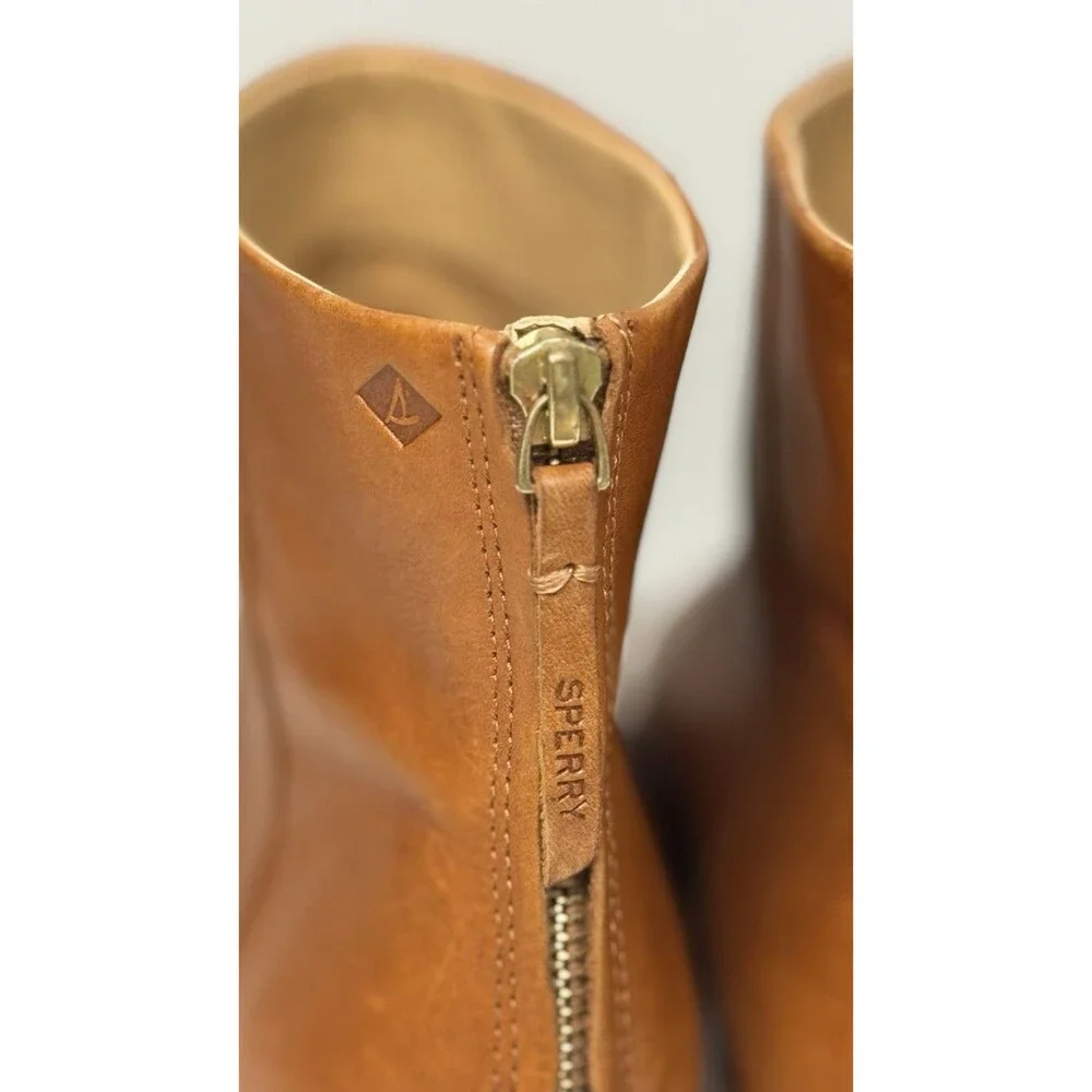 Sperry Women's Tan Leather Ankle Boots Size 9 STS82011 Back Zip Low Block Heel